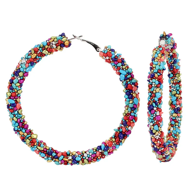 Women's Colorful Original Rough Stone Decor Hoop Earrings