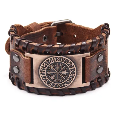 Vintage Compass Carving Wide PU Leather Bracelet for Men