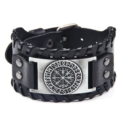 Vintage Compass Carving Wide PU Leather Bracelet for Men