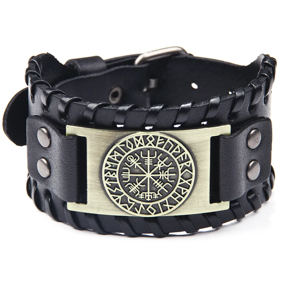 Vintage Compass Carving Wide PU Leather Bracelet for Men