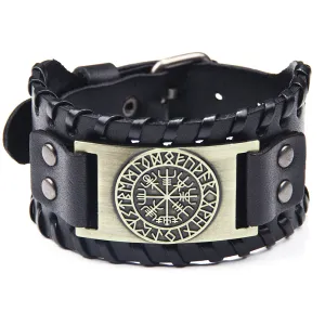 Vintage Compass Carving Wide PU Leather Bracelet for Men
