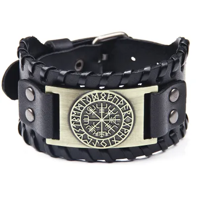 Vintage Compass Carving Wide PU Leather Bracelet for Men