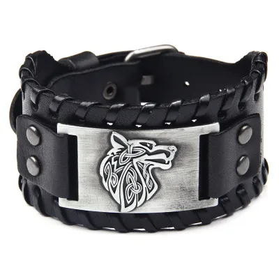 Wolf Head Design Wide PU Leather Woven Bracelet for Men