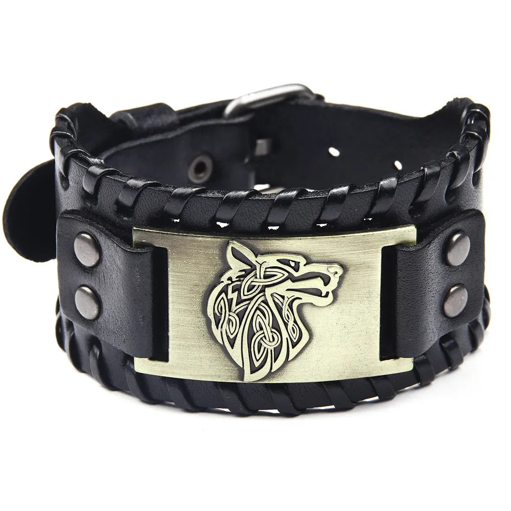 Wolf Head Design Wide PU Leather Woven Bracelet for Men