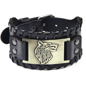 Wolf Head Design Wide PU Leather Woven Bracelet for Men