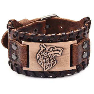 Wolf Head Design Wide PU Leather Woven Bracelet for Men