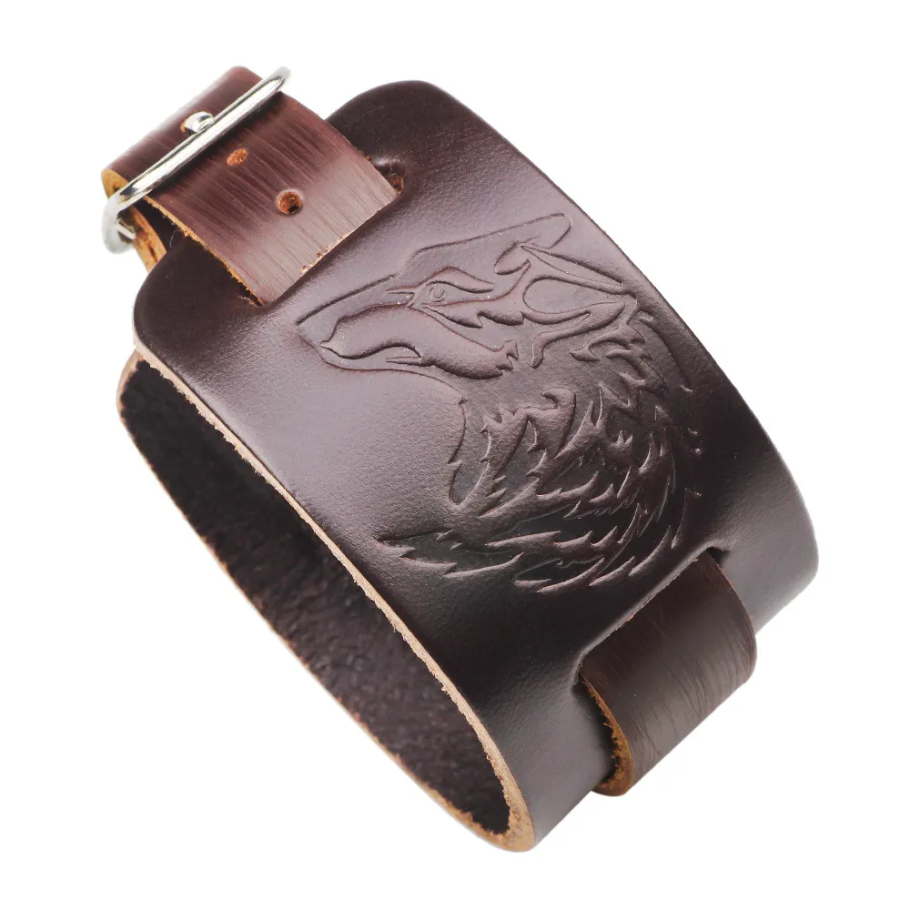 Wolf Head Embossing PU Leather Unisex Bracelet