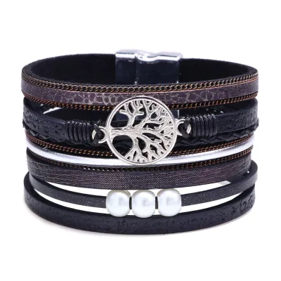 Hollow Out Life Tree Design Pearl Decor PU Bracelet for Women Fashion OL