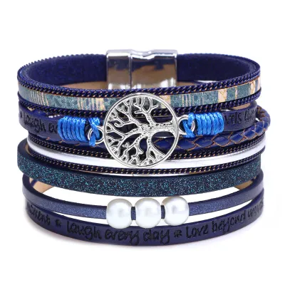 Hollow Out Life Tree Design Pearl Decor PU Bracelet for Women Fashion OL