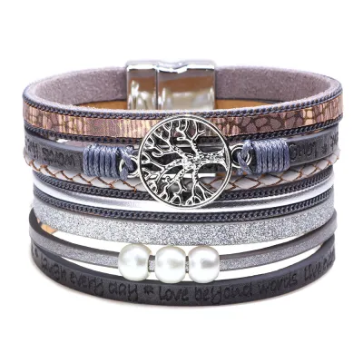 Hollow Out Life Tree Design Pearl Decor PU Bracelet for Women Fashion OL