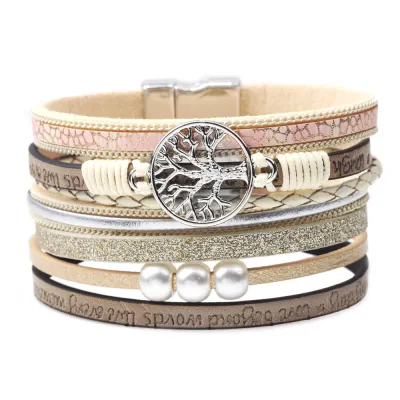 Hollow Out Life Tree Design Pearl Decor PU Bracelet for Women Fashion OL