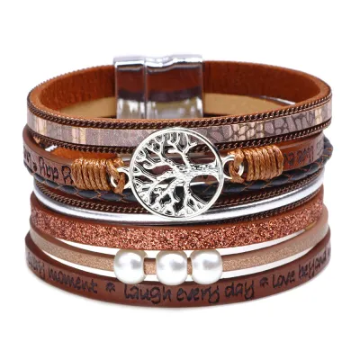 Hollow Out Life Tree Design Pearl Decor PU Bracelet for Women Fashion OL