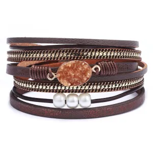 Oval Gravel Decor Magnetic Buckle Multilayer PU Women's Geometric Bracelet