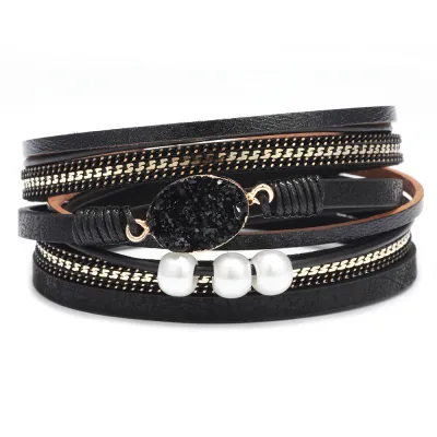 Oval Gravel Decor Magnetic Buckle Multilayer PU Women's Geometric Bracelet
