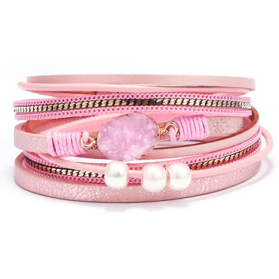 Oval Gravel Decor Magnetic Buckle Multilayer PU Women's Geometric Bracelet
