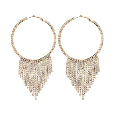 Rhinestone Circle Tassel Pendant Earrings for Women Wave Style