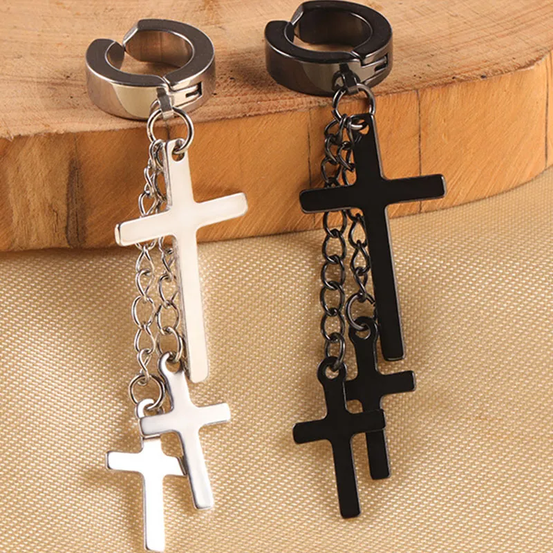 Punk Cross Pendant Ear Clip U Shape Titanium Steel Men's Earrings
