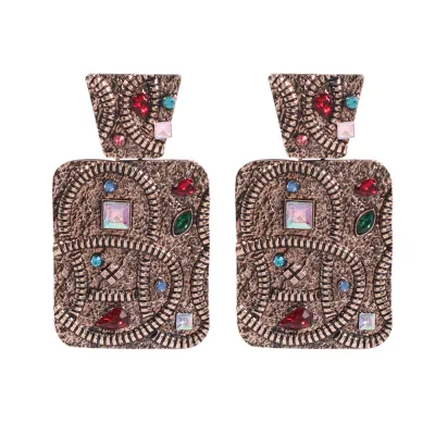 Vintage Geometric Pendant Rhinestone Decor Drop Earrings for Women Alloy