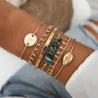 Vintage Shell Stone Bracelets Set - 6 Piece Alloy Gravel Bracelet