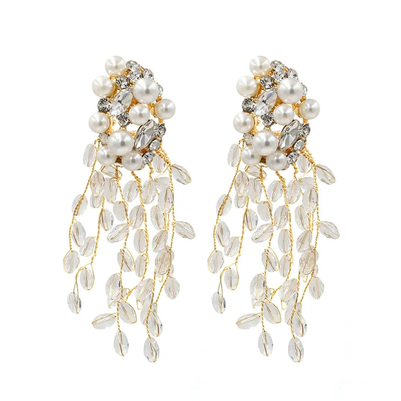 Flower Pattern Rhinestone Decor Tassel Leaf Pendant Earrings