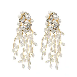 Flower Pattern Rhinestone Decor Tassel Leaf Pendant Earrings
