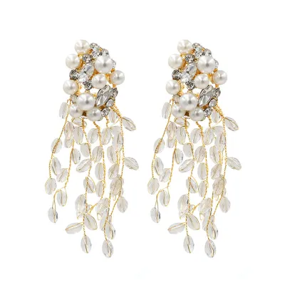 Flower Pattern Rhinestone Decor Tassel Leaf Pendant Earrings