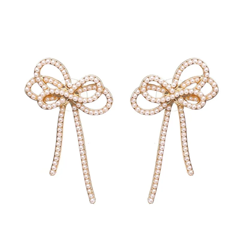 Bowknot Pattern Pearl Decor Stud Earrings for Women Alloy