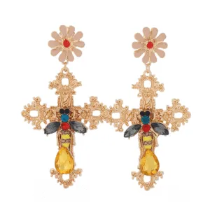 Retro Cross Pendant Diamond Bee Decor Earrings