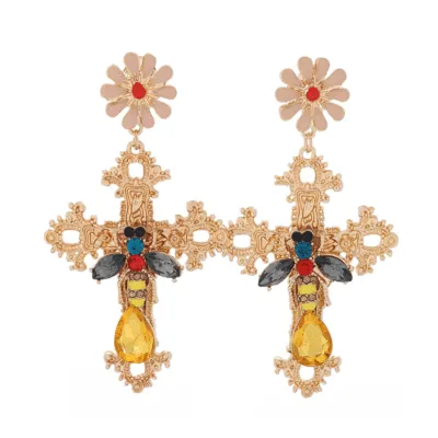 Retro Cross Pendant Diamond Bee Decor Earrings