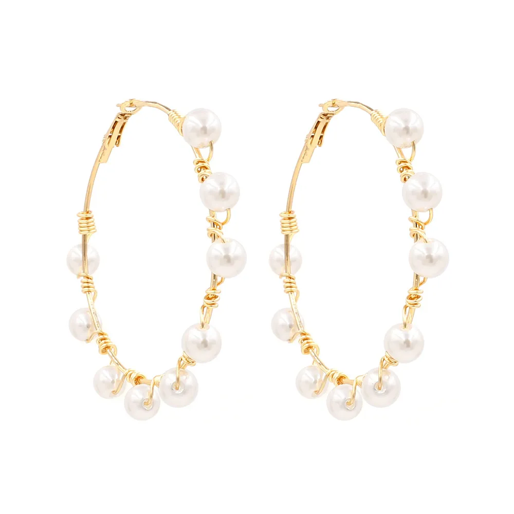 Handmade Pearl Decor Geometric Metal Hoop Earrings