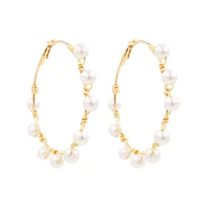 Handmade Pearl Decor Geometric Metal Hoop Earrings