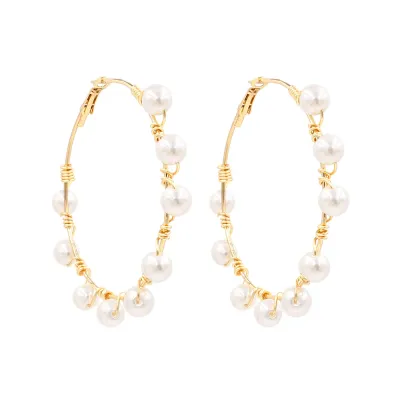 Handmade Pearl Decor Geometric Metal Hoop Earrings