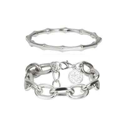 Fashion Bamboo Pattern Bangle Metal Chain Design Bracelet Set for Women