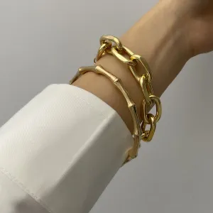 Fashion Bamboo Pattern Bangle Metal Chain Design Bracelet Set for Women