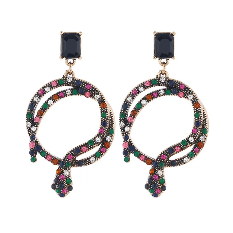 Unique Snake Pendant Design Colorful Zircon Decor Vintage Women's Earrings