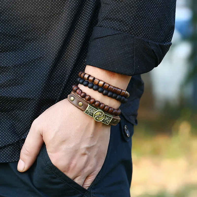 Vintage Casual PU Leather Men Bracelets Geometric Set