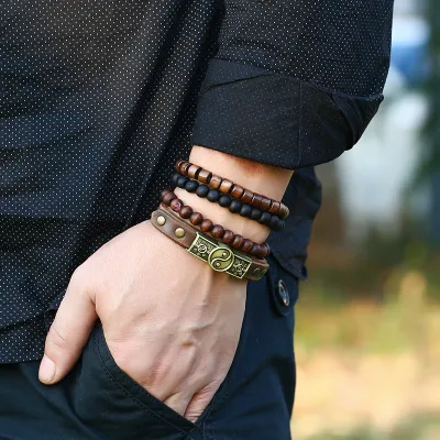 Vintage Casual PU Leather Men Bracelets Geometric Set