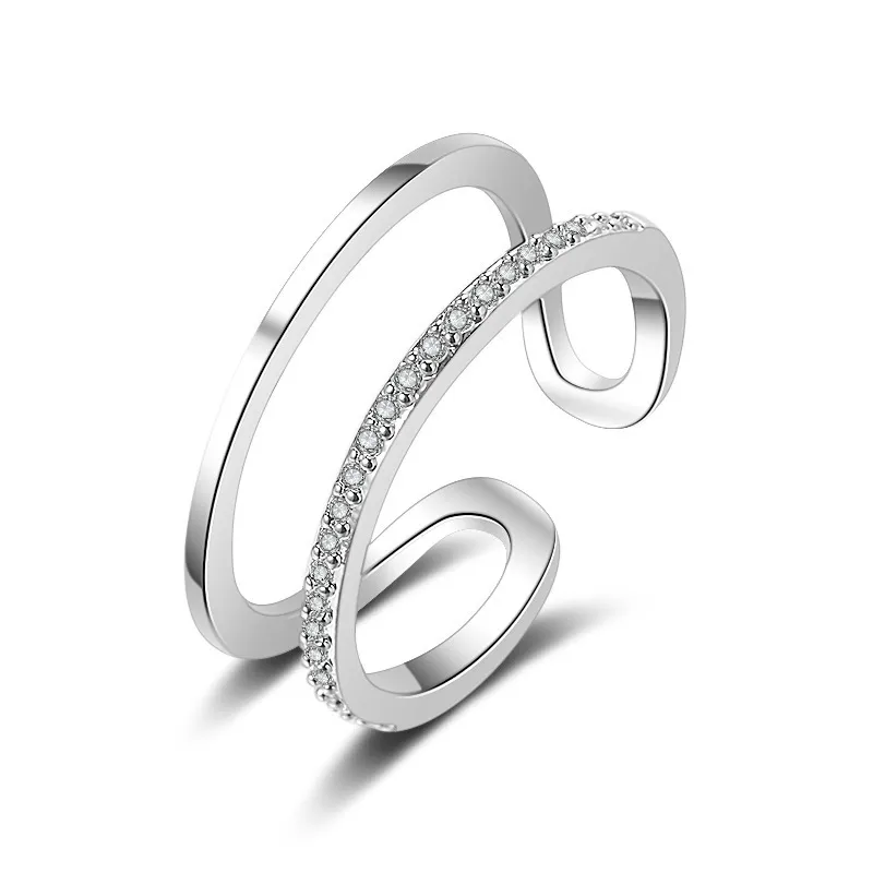 Simple Double-Layer Zircon Decor Women's Open Geometric Copper Ring