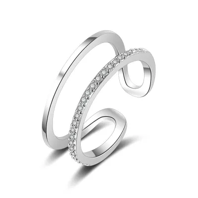 Simple Double-Layer Zircon Decor Women's Open Geometric Copper Ring