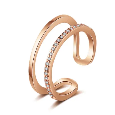 Simple Double-Layer Zircon Decor Women's Open Geometric Copper Ring