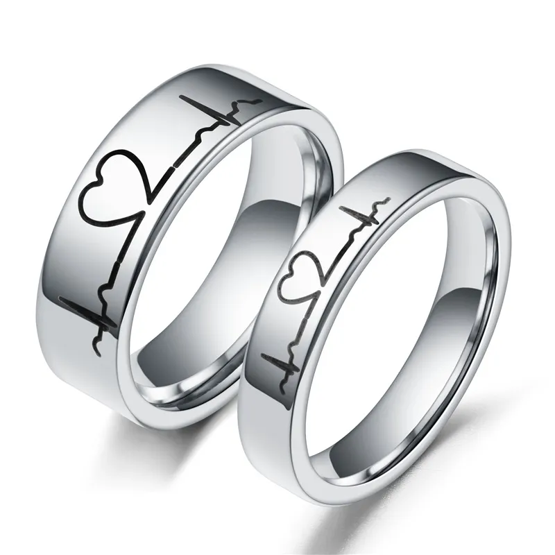 Couple Electrocardiogram Pattern Stainless Steel Rings
