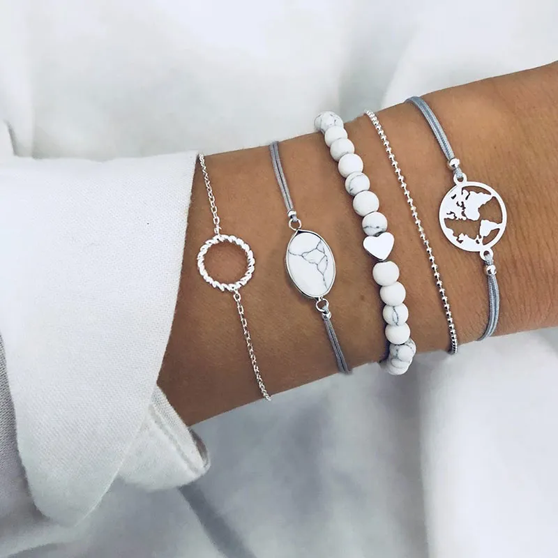 Oval Crack Beads Chain Map Bracelet Set