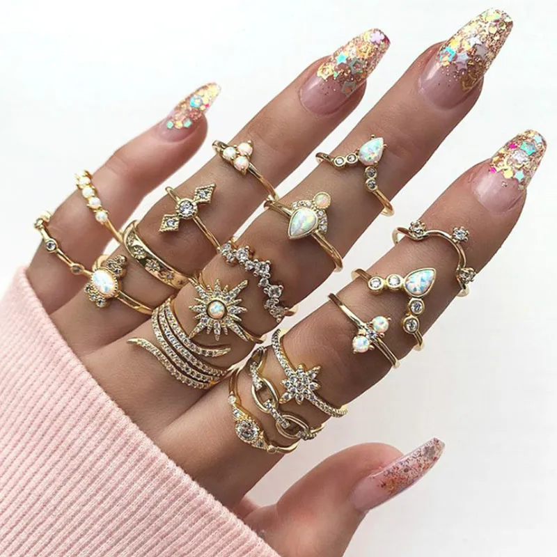 Bohemian Rhinestone Decor Ring Set Alloy 41g