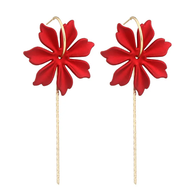 Red Flower Geometric Tassel Earrings for Women