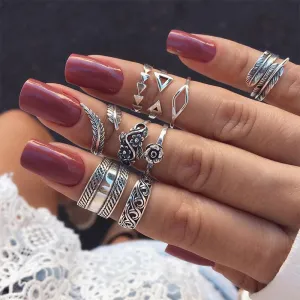 Vintage Hollow Out Carved Leaves Women's Alloy Geometric Ring Set