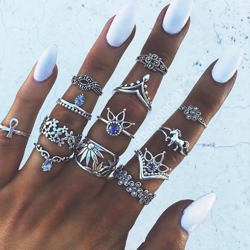 Women's Waterdrop Carved Unicorn Lotus Openwork Geometric Ring Set
