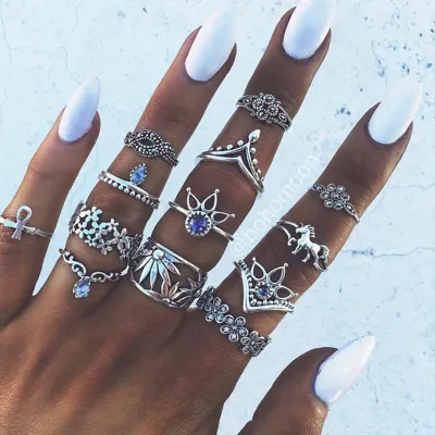 Women's Waterdrop Carved Unicorn Lotus Openwork Geometric Ring Set