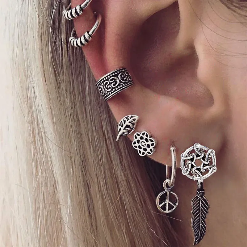 Dream Catcher Tree Leaves Metal Earrings Set for Women