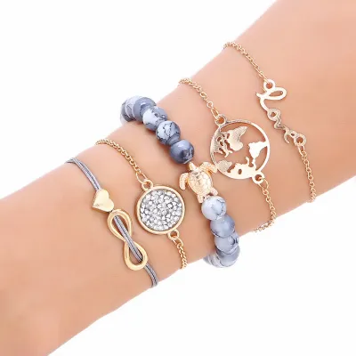 Woven Love World Map Turtle Beaded Bracelet Set Women