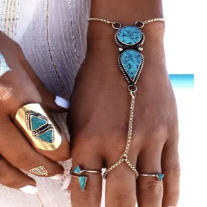 Vintage Turquoise Decor Geometric Connected Finger Bracelet